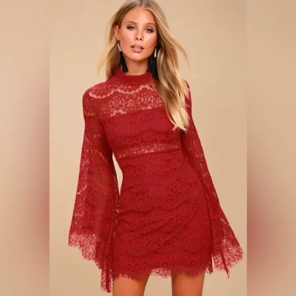 Lulus Flair-est of Them All Red Lace Flounce Sleeve Dress